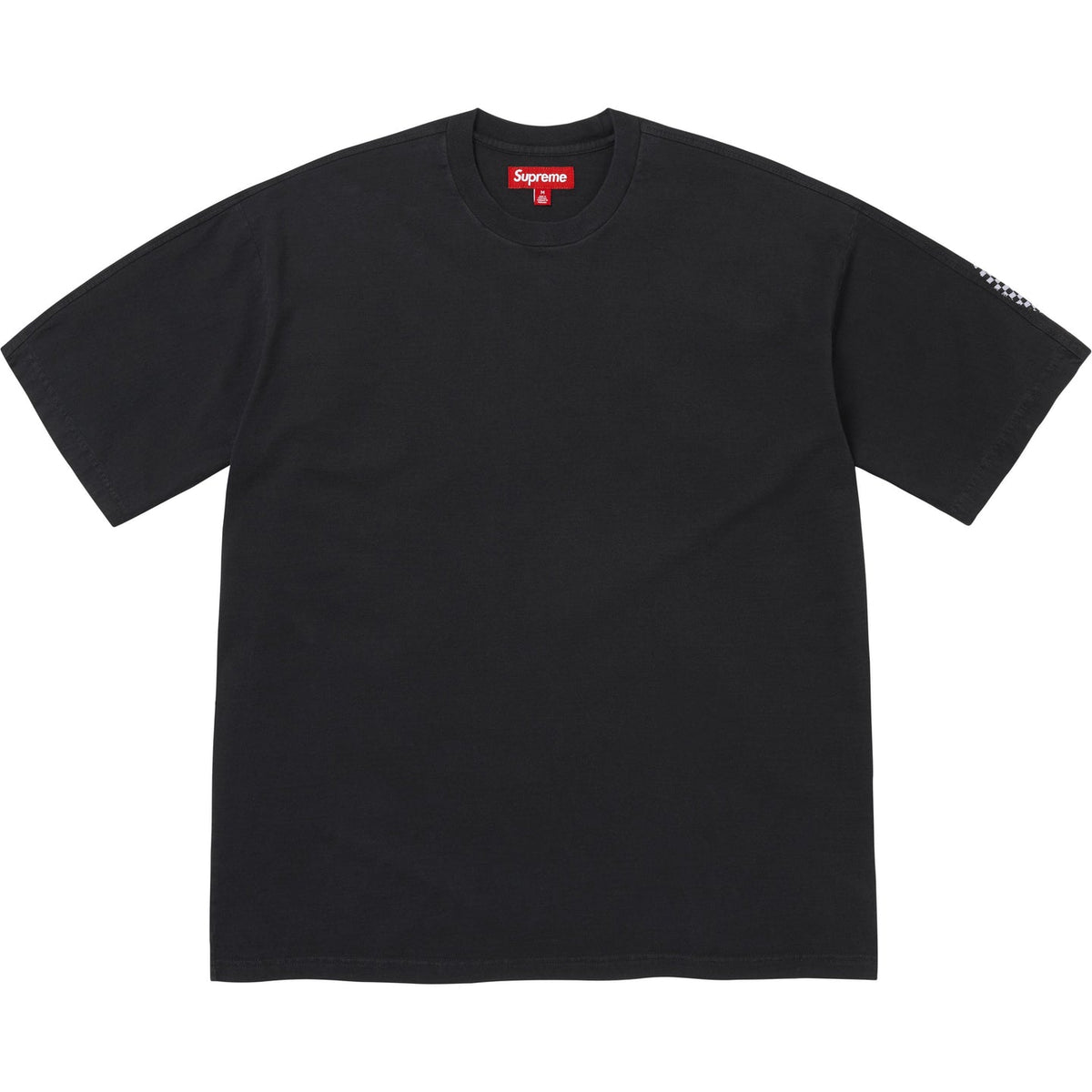 Supreme checkered intarsia black tee, casual apparel with a bold checkerboard pattern, featuring the Supreme logo.