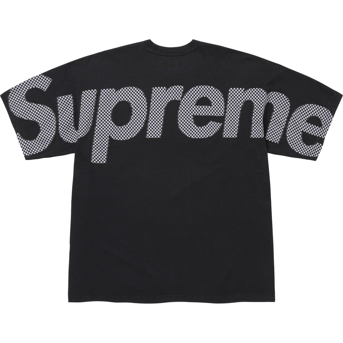 Supreme checkered black intarsia tee shirt featuring a bold black and white checkered pattern on the front.