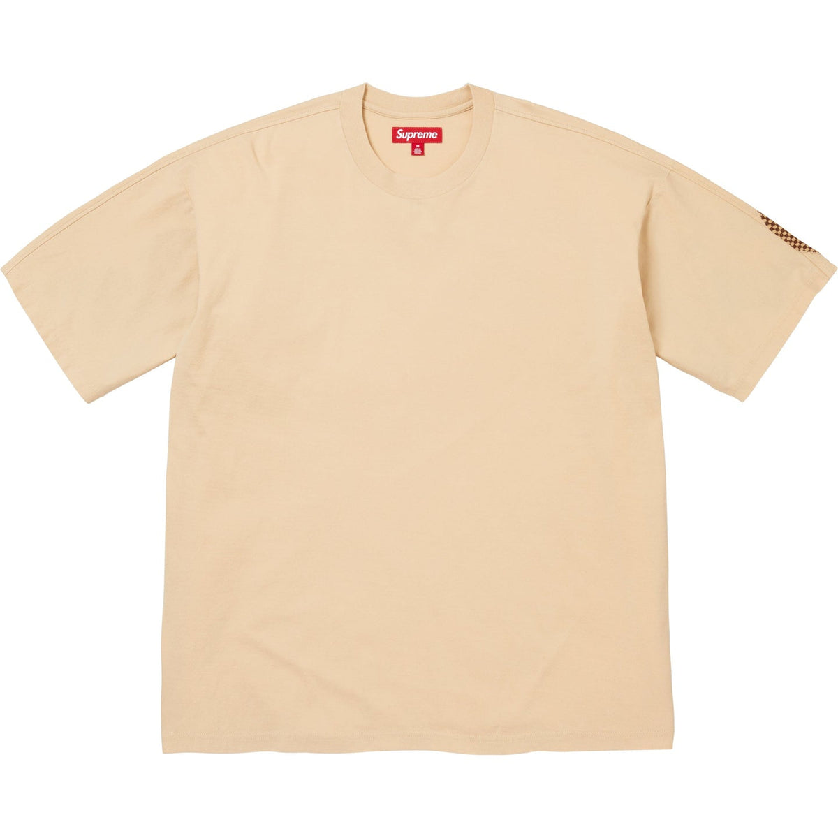 Supreme checkered intarsia tan T-shirt with geometric pattern, casual apparel featuring the iconic Supreme logo and design.