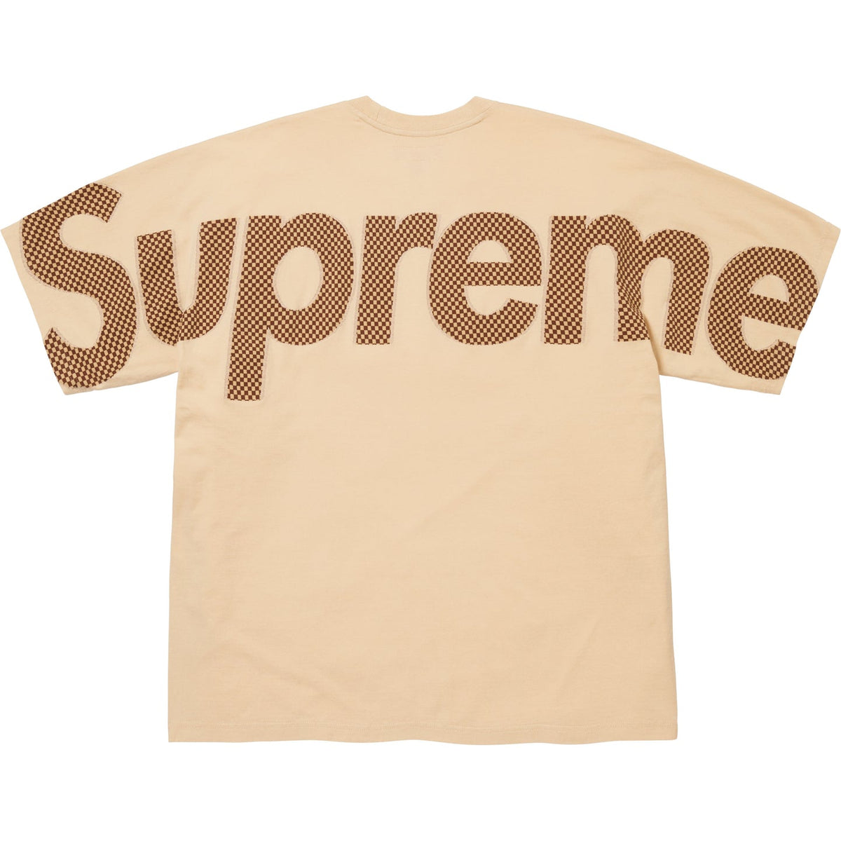 Supreme tan checkered intarsia tee shirt with bold pattern and crew neckline, casual apparel for streetwear style.