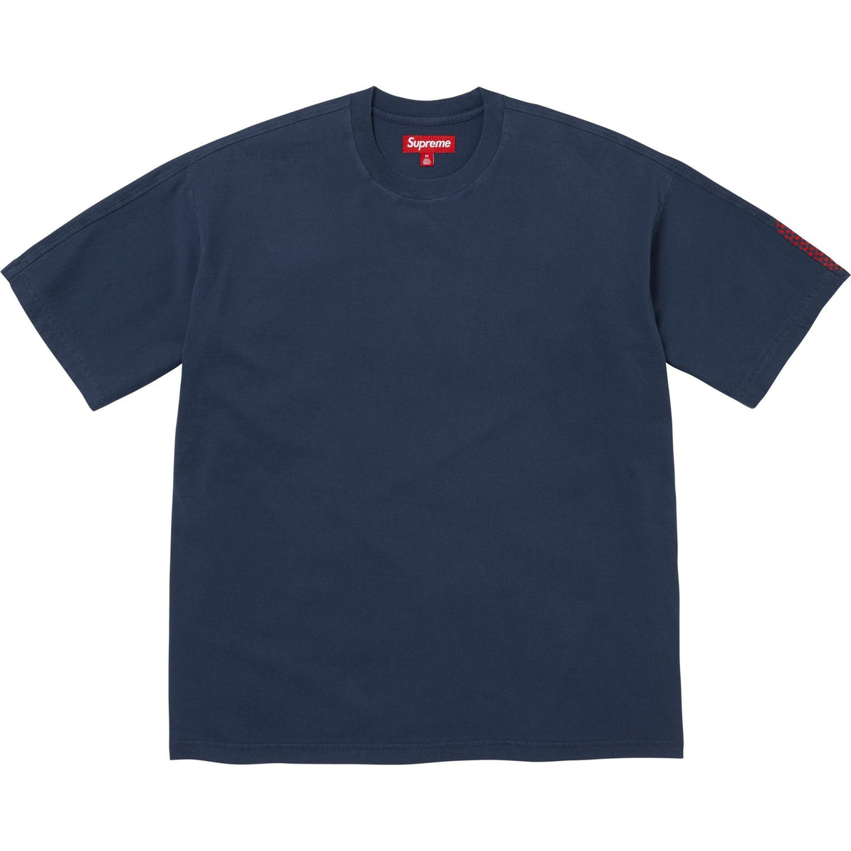 Supreme checkered navy intarsia T-shirt with bold checkerboard pattern and crew neckline, casual streetwear apparel.