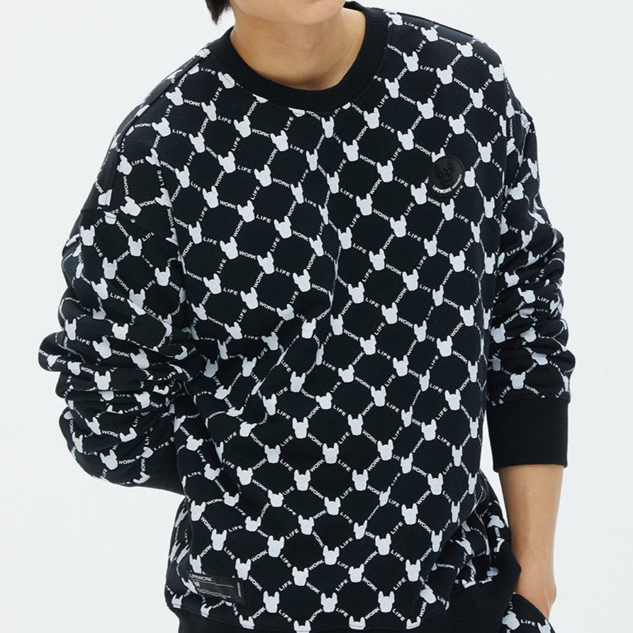 Grey LifeWork monogram crewneck sweatshirt with black accents, featuring a bold logo design, casual apparel for everyday wear.