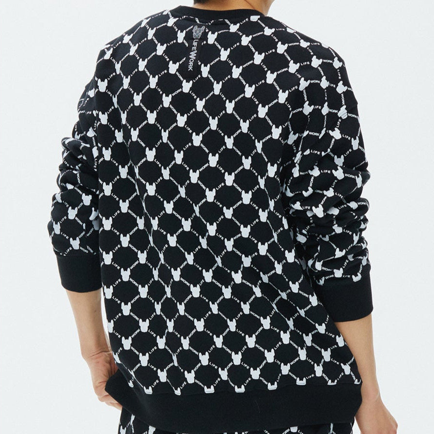 LifeWork grey monogram crewneck sweatshirt in black color, casual apparel with visible branding and monogram design.