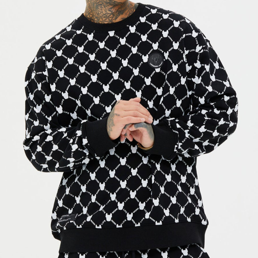 LifeWork grey monogram crewneck sweatshirt in black, with subtle logo design, shown on a hanger.