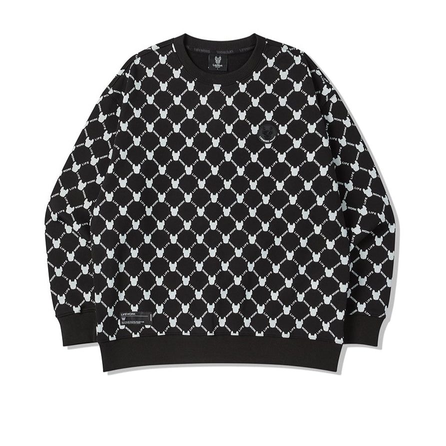 Grey monogram crewneck sweatshirt by LIFEWORK, featuring black accents and a casual, comfortable fit for everyday wear.