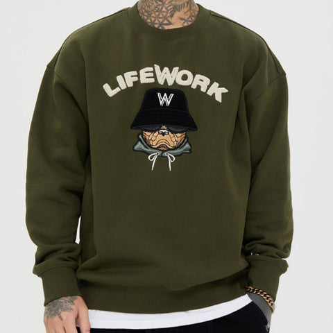 LifeWork Embroidered Hooded Hip Bulldog Crewneck Black