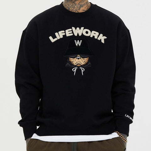 LifeWork Embroidered Hooded Hip Bulldog Crewneck Black