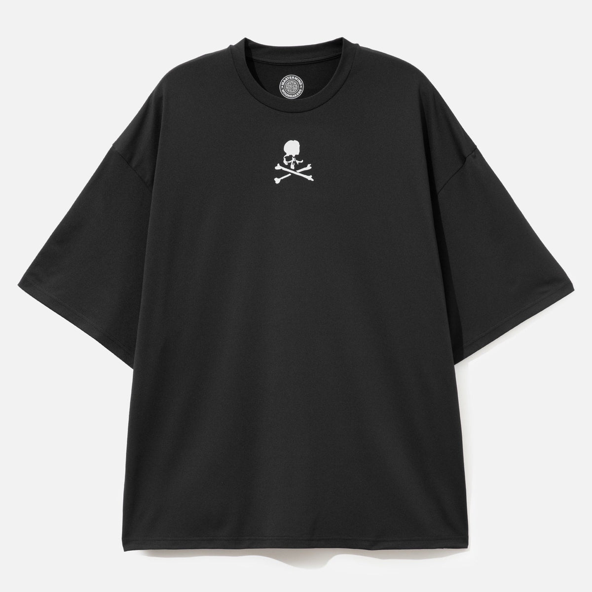 Front view of Mastermind Japan X Moonrakers skull graphic boxy fit T-shirt, casual apparel with bold design and relaxed fit.