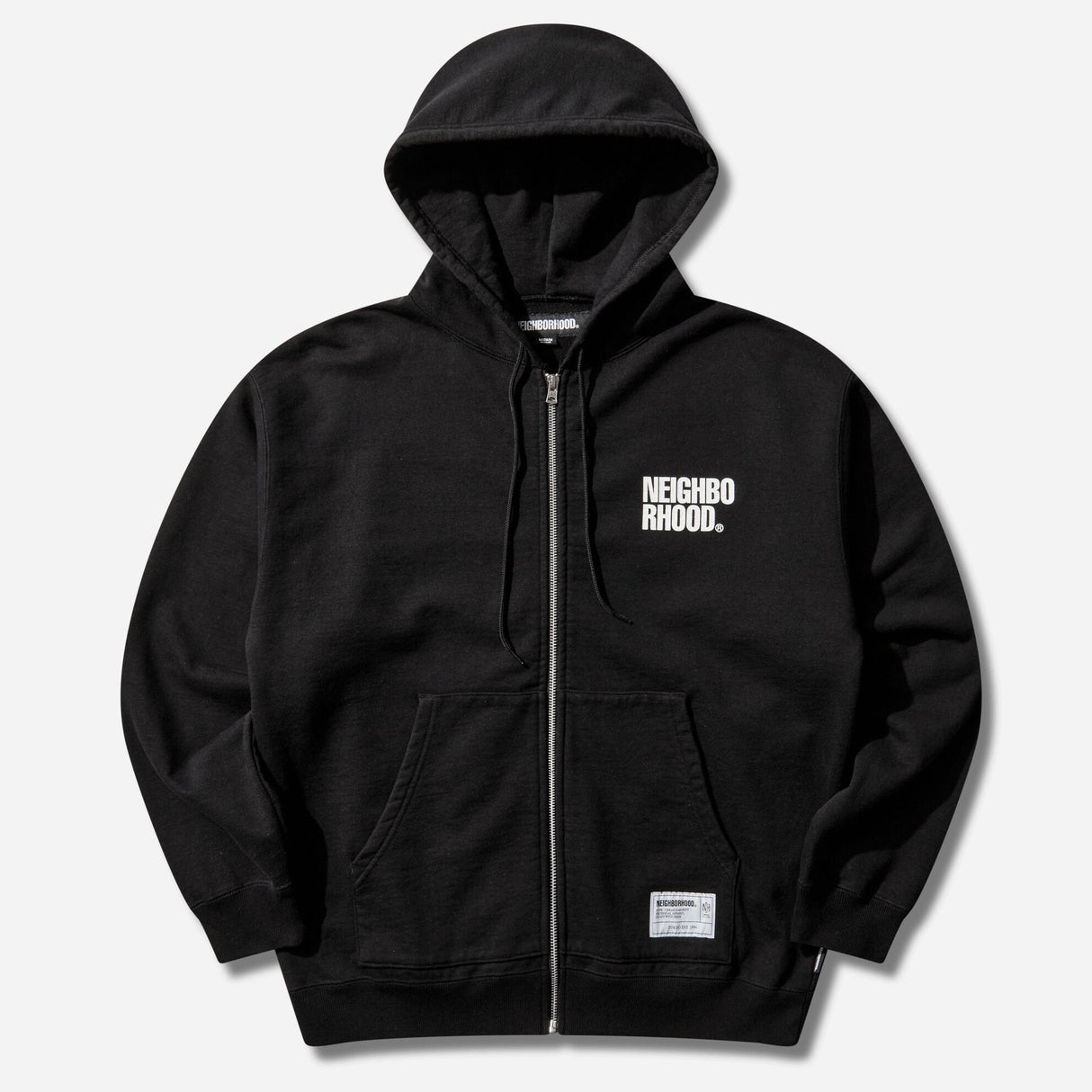Black Neighborhood Classic Zip Hoodie, casual apparel with front zipper and hood, made by NEIGHBORHOOD.