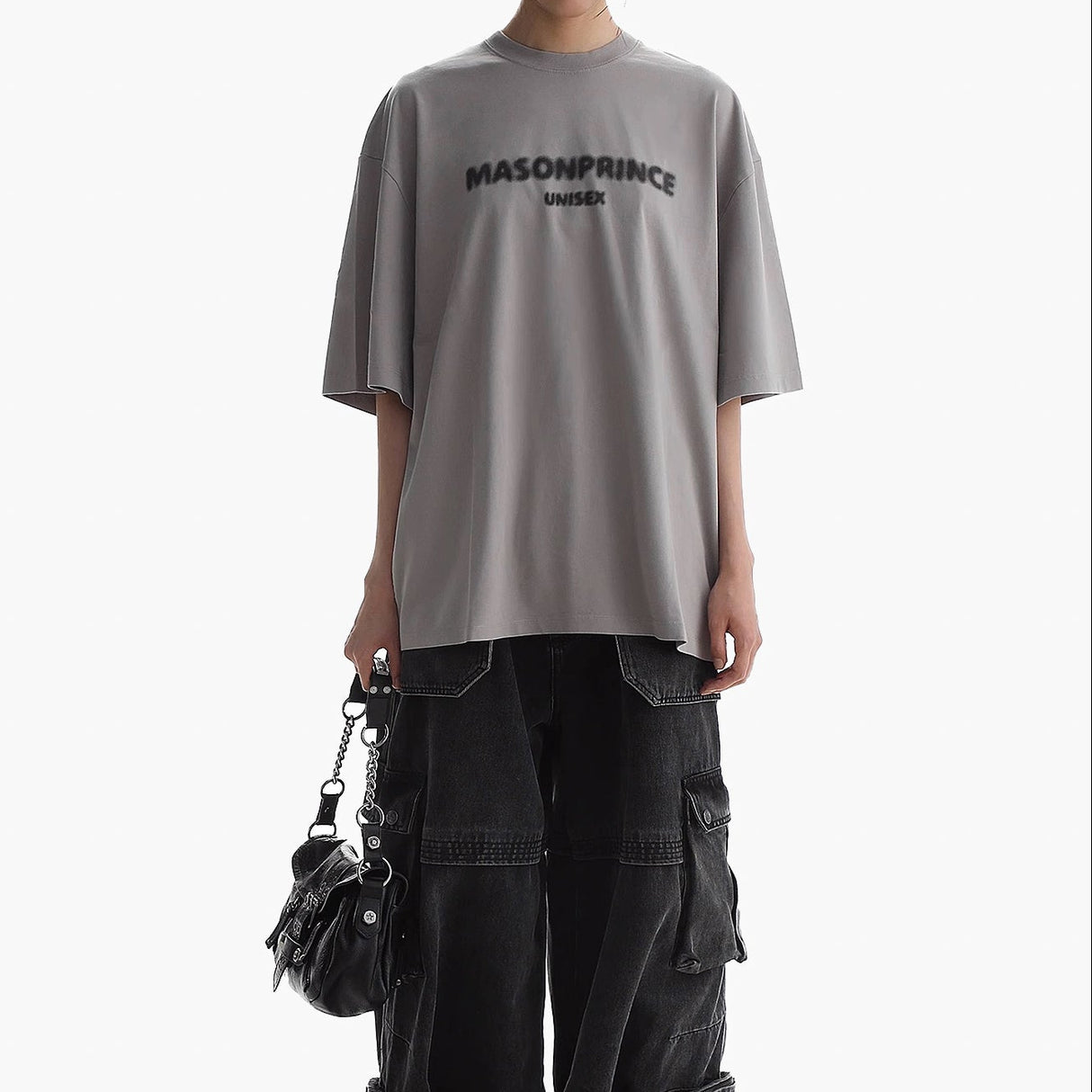 Gray MasonPrince Classic Spray Logo T-shirt displayed on a mannequin, showcasing the relaxed fit and graphic design.