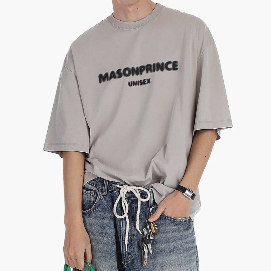 Grey MasonPrince Classic Spray Logo Tee, a casual men's apparel shirt with a spray logo design on the front.