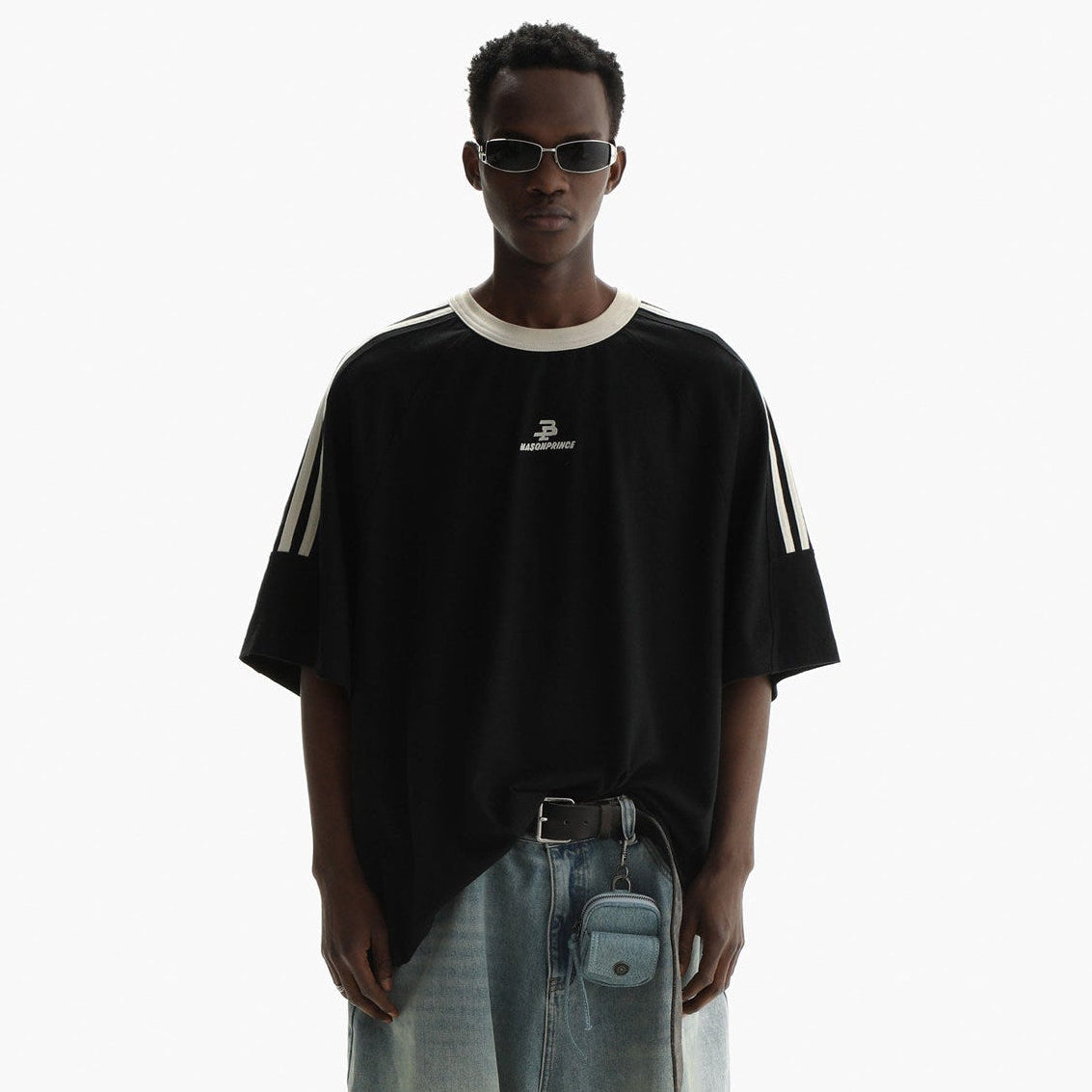 Black MasonPrince Retro Striped Tee showing a classic short-sleeve design with bold horizontal stripes.