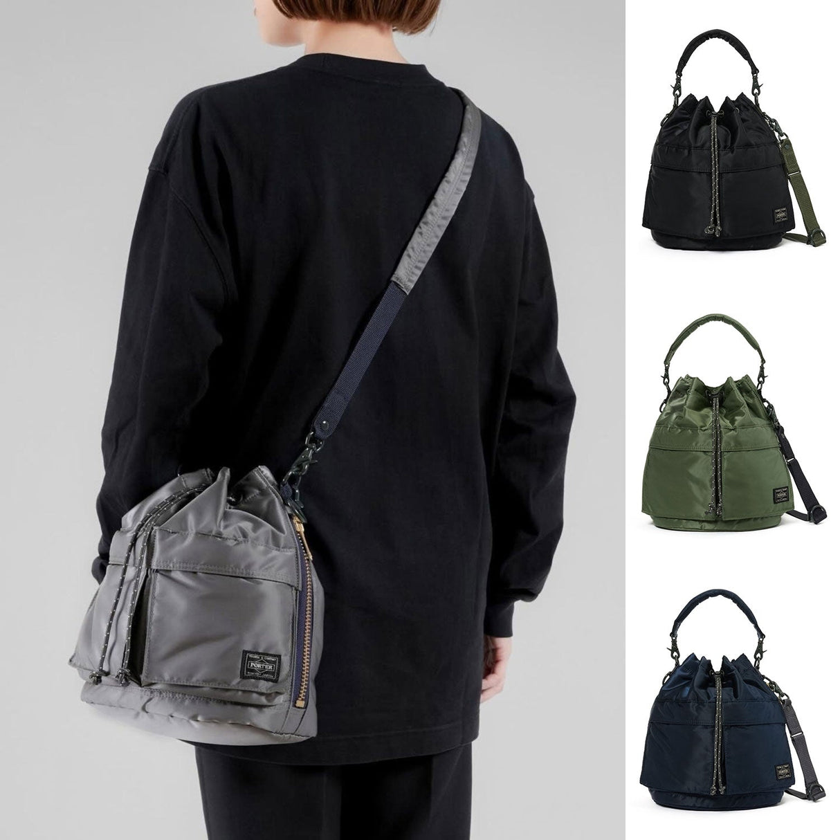 Black Porter Yoshida Japan Tanker 2-Way Tool Bag with multiple compartments and durable fabric for versatile carrying and storage.