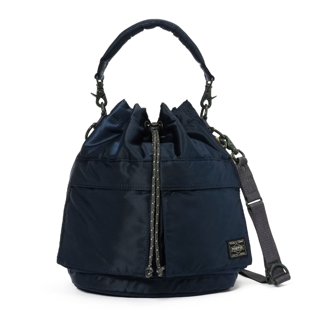 Porter Yoshida Japan Tanker 2-Way Tool Bag in navy, durable bag with multiple compartments for tools, brand logo visible.