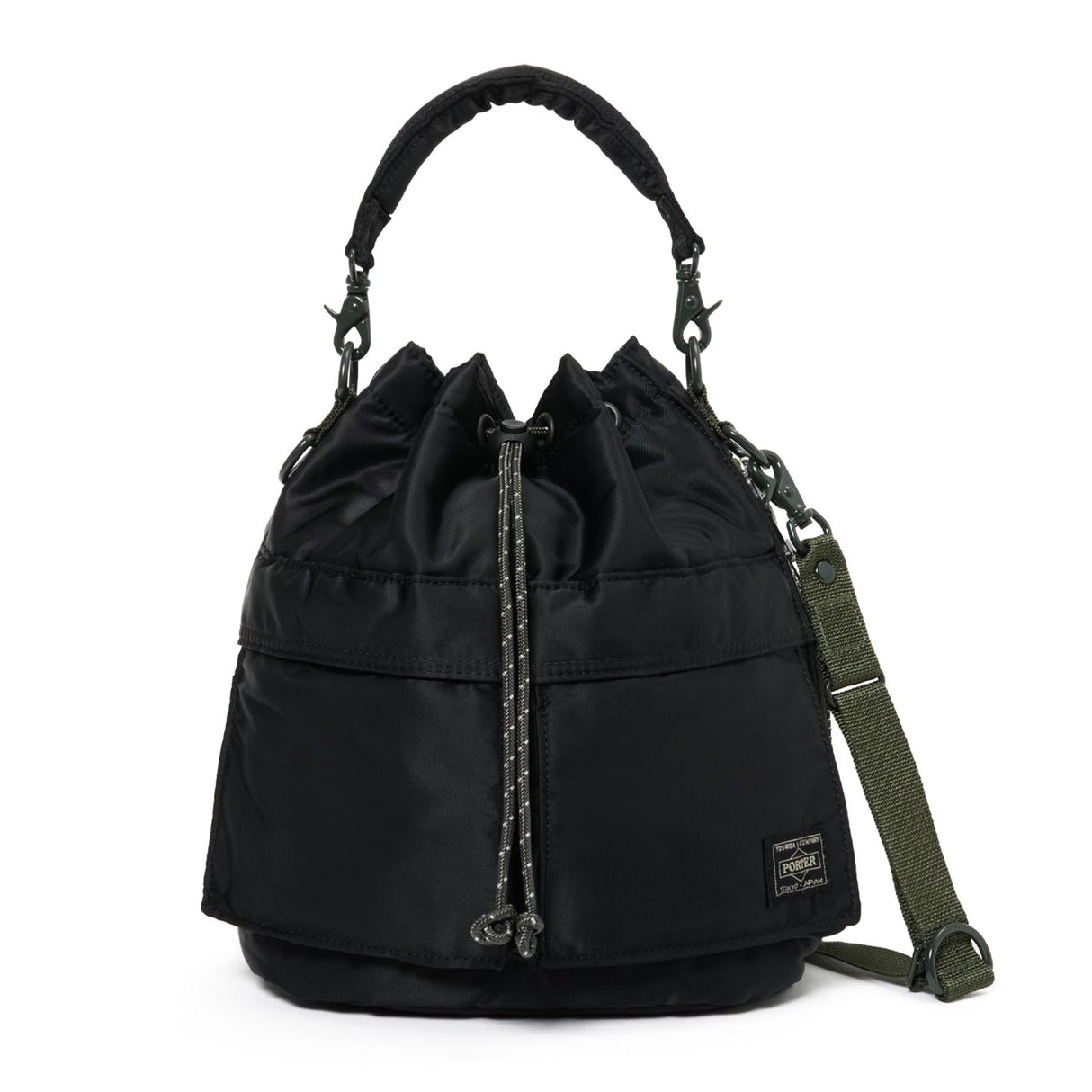 Black Porter Yoshida Japan Tanker 2-Way Tool Bag with multiple compartments, durable fabric, and adjustable straps.