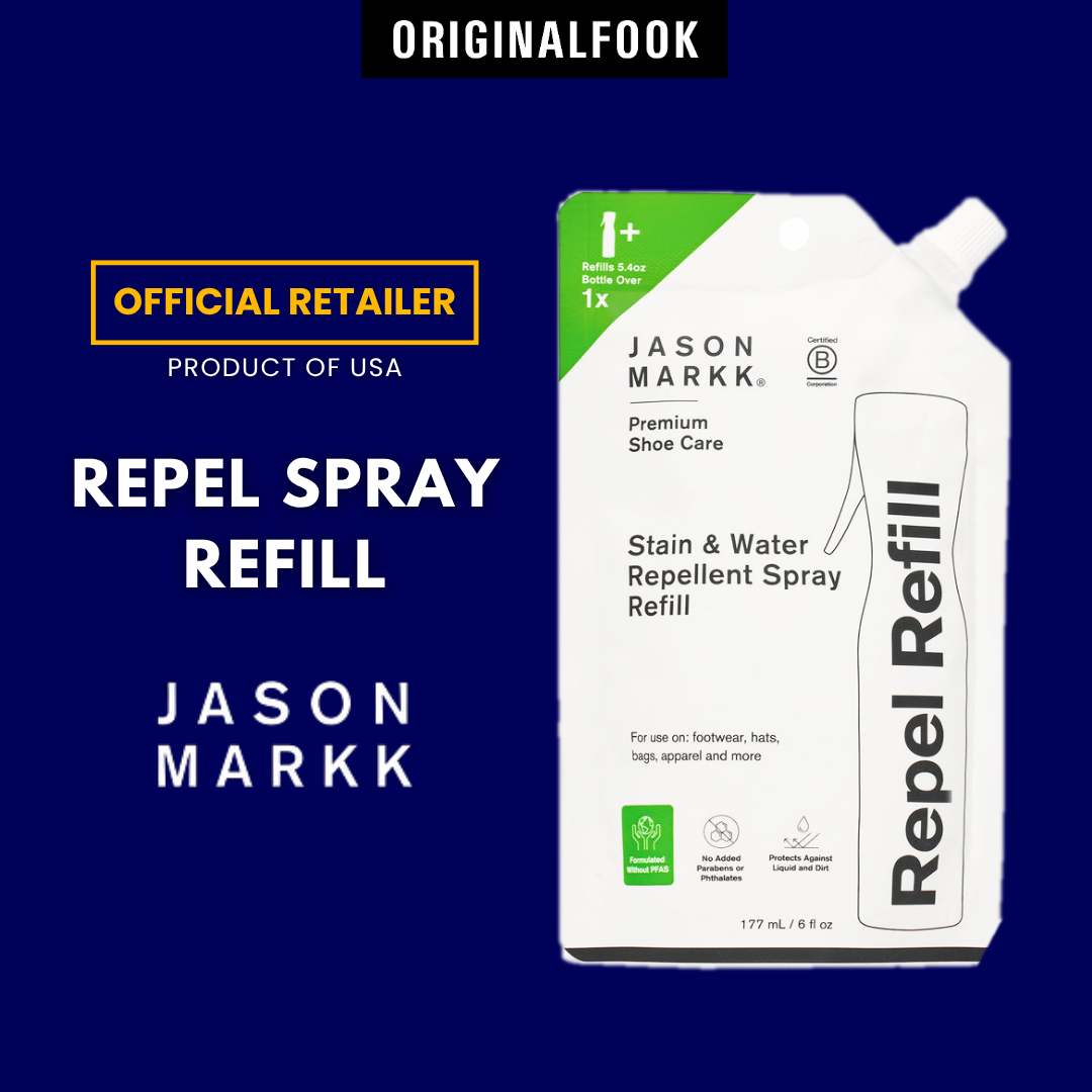 Jason Markk Repel Shoe Spray Refill for shoe care, shown in a clear refill bottle with spray nozzle.