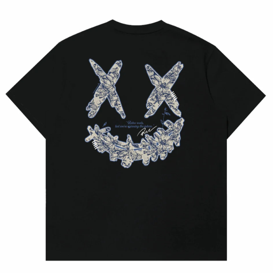 Black Rickyisclown embroidered patch T-shirt with blue and white porcelain smiley face design, casual apparel from Rickyisclown.
