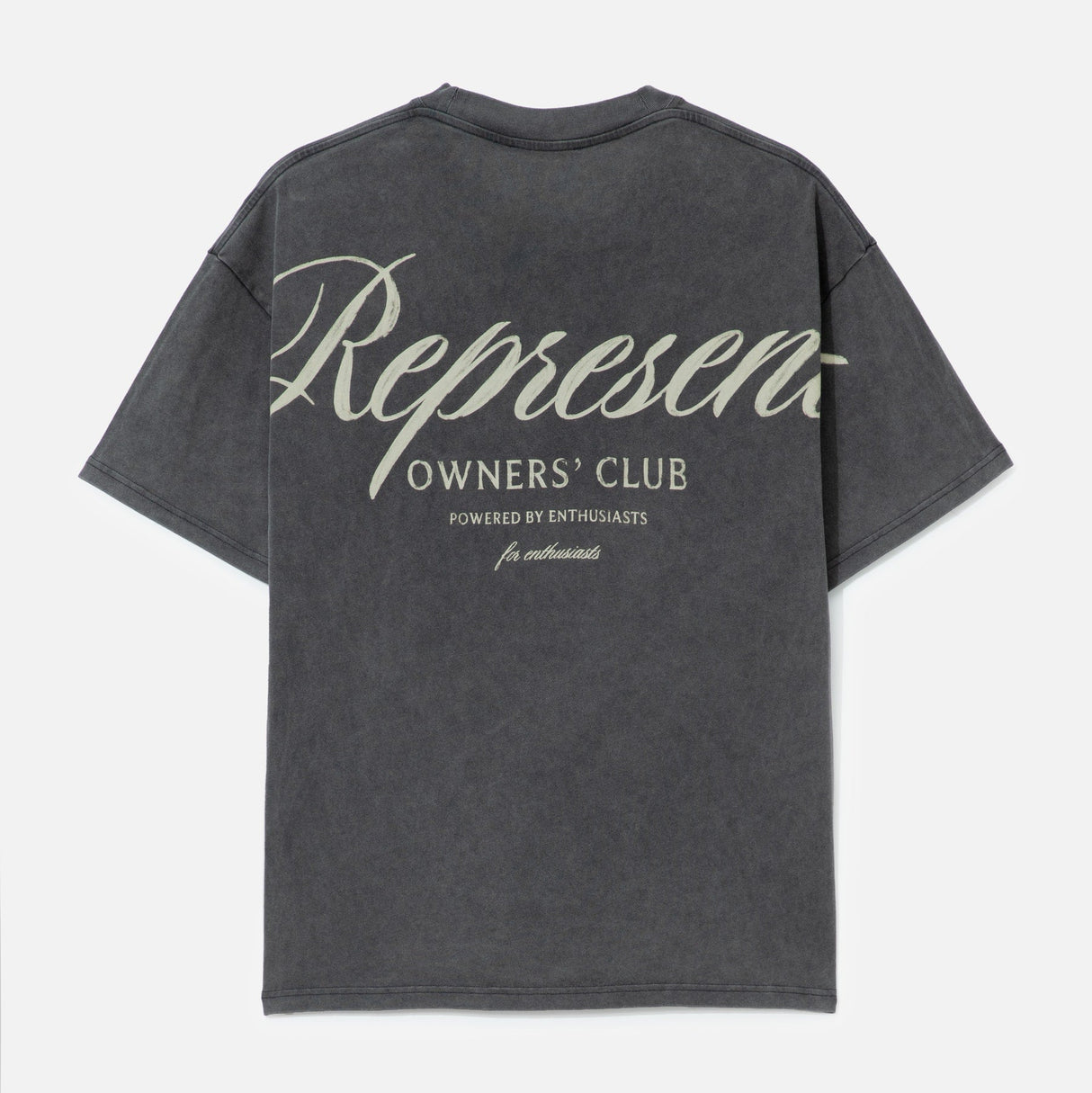 Represent Owners Club Script Tee in vintage grey, featuring a classic black design with the brand's logo and stylish lettering.