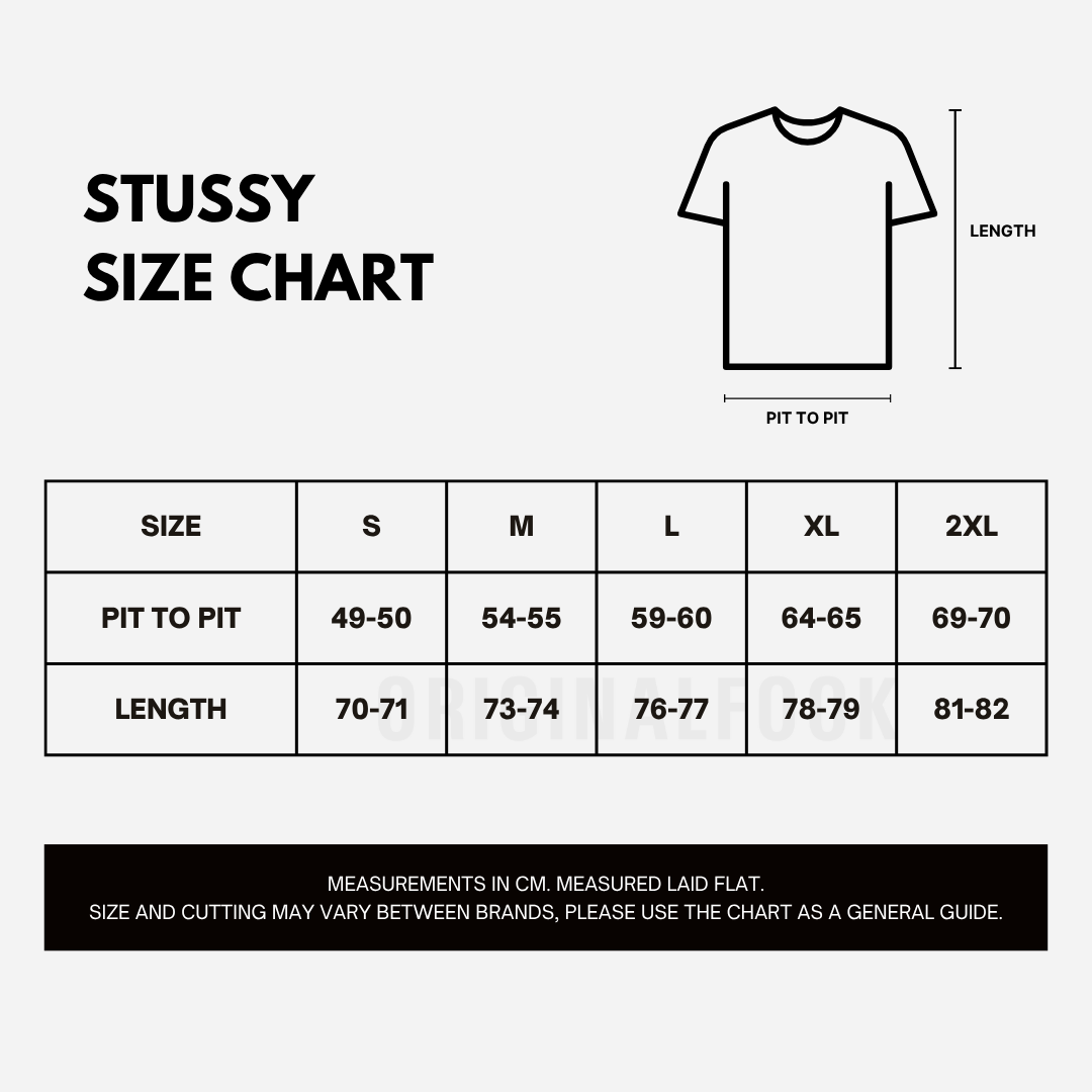 Size chart for Stussy World Tour Tee in black, showing measurements and sizing options for the apparel.