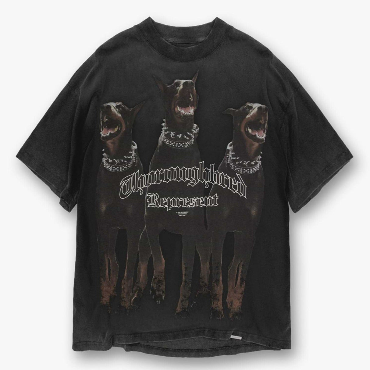Black Represent Thoroughbred Tee displayed on a model, showcasing casual style and comfortable fit in a lifestyle setting.