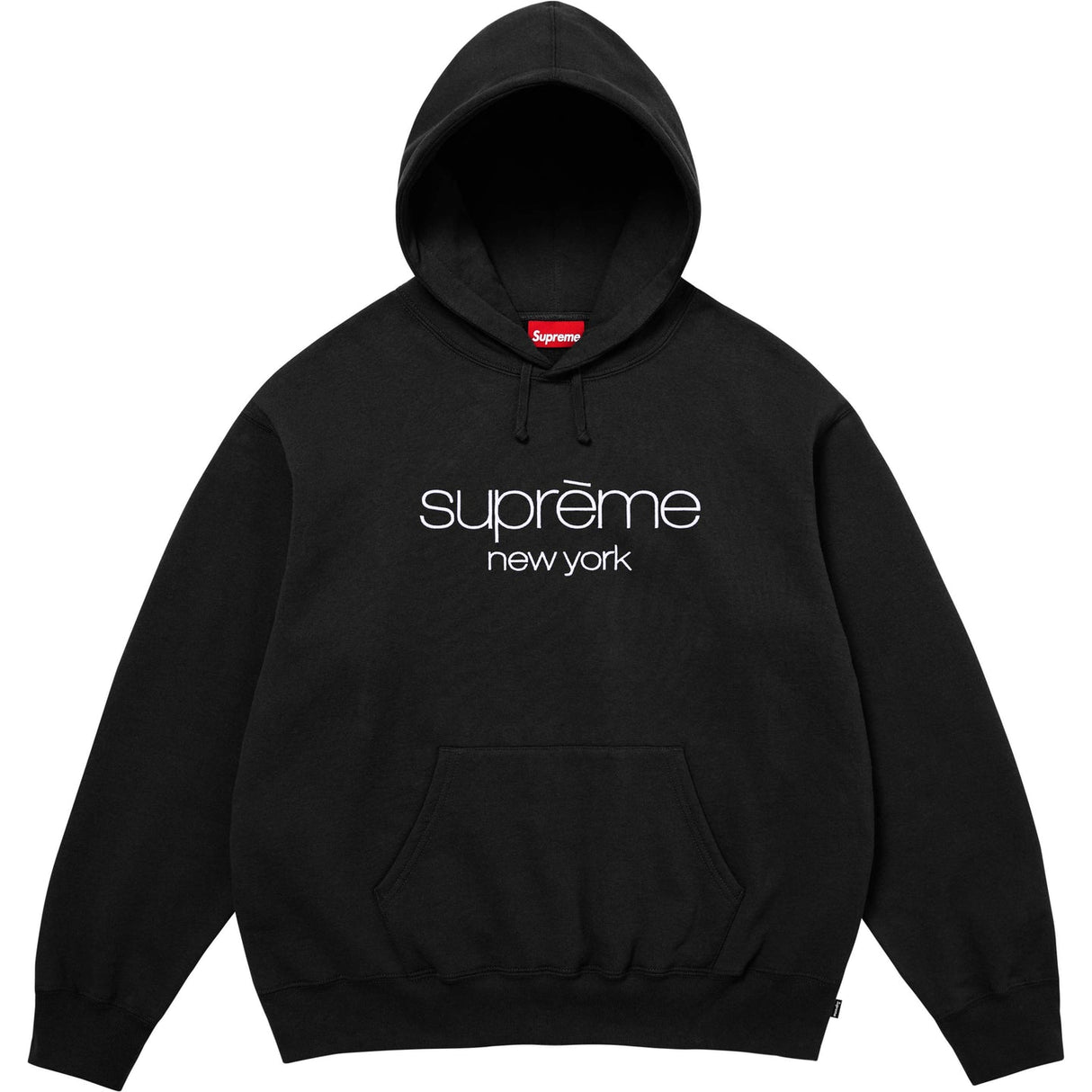 Black Supreme Classic Logo Hoodie, a comfortable sweatshirt with the iconic Supreme branding visible on the front.