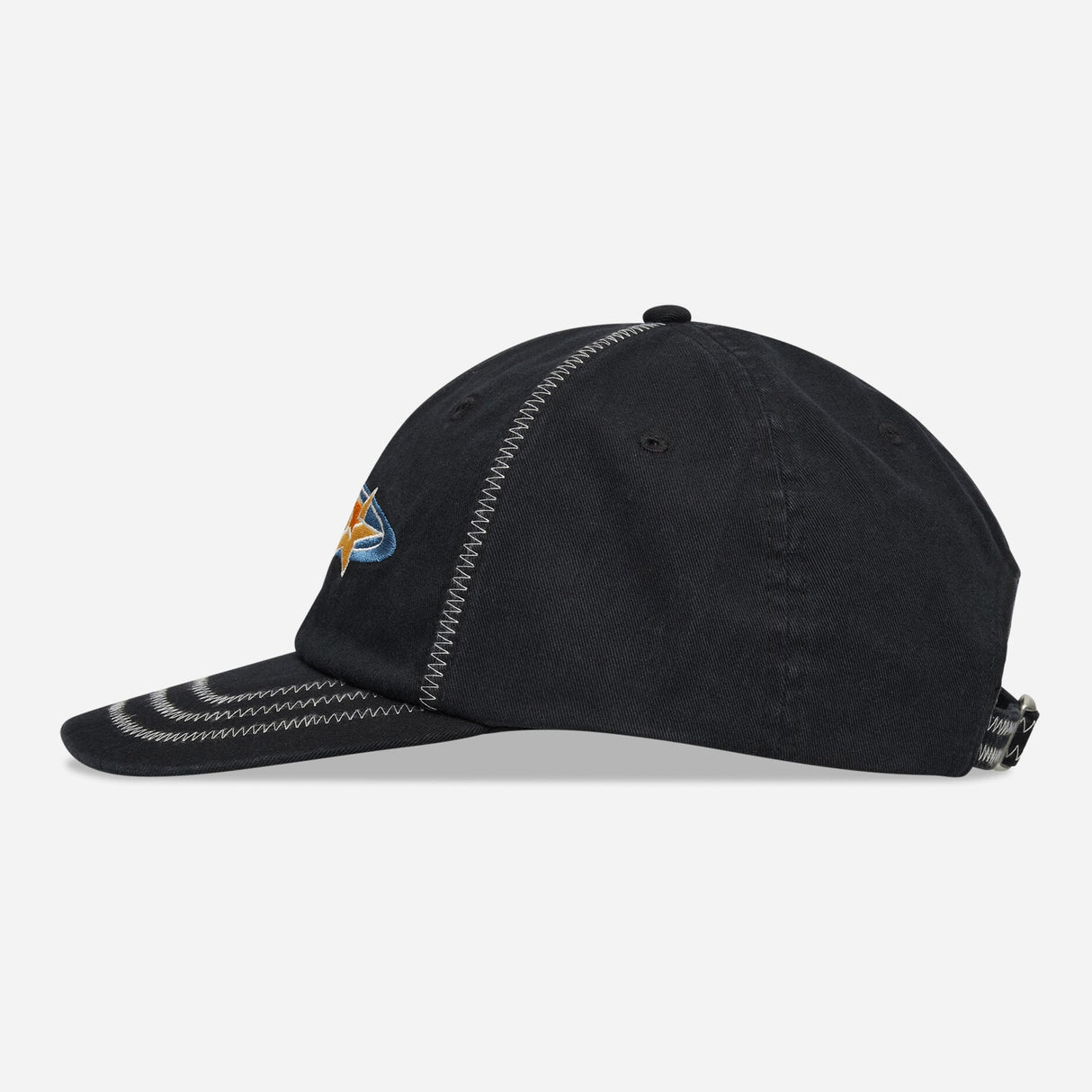 Black Stussy Oval Star Cap, stylish headwear with embroidered star detail, featuring a classic design and adjustable strap.