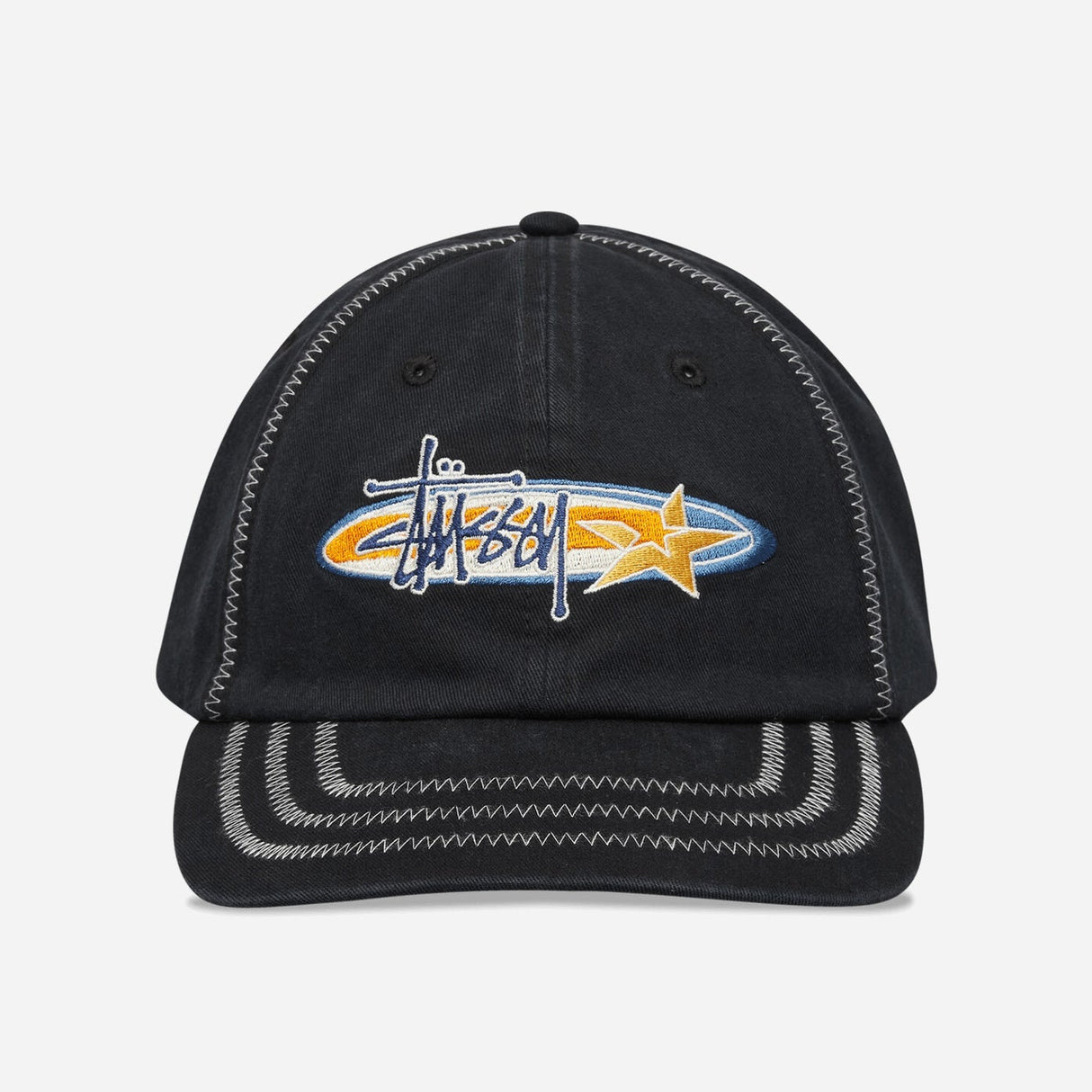 Black Stussy Oval Star Cap, stylish black headwear with a star emblem, featuring a curved brim and adjustable strap for a comfortable fit.