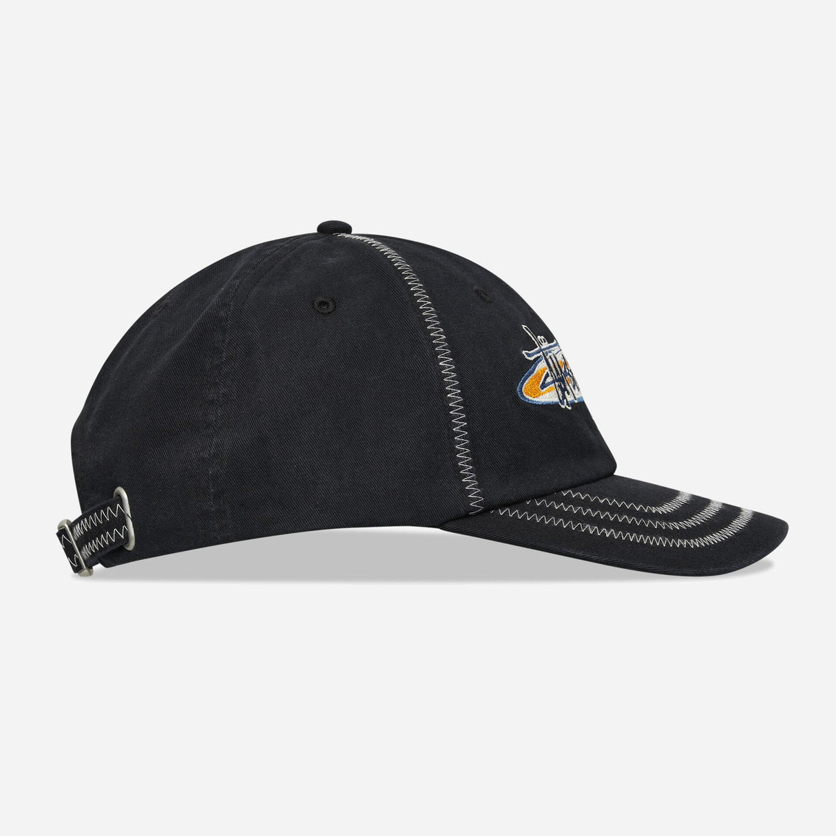Black Stussy Oval Star Cap, stylish headwear with embroidered star logo, designed for casual streetwear fashion.