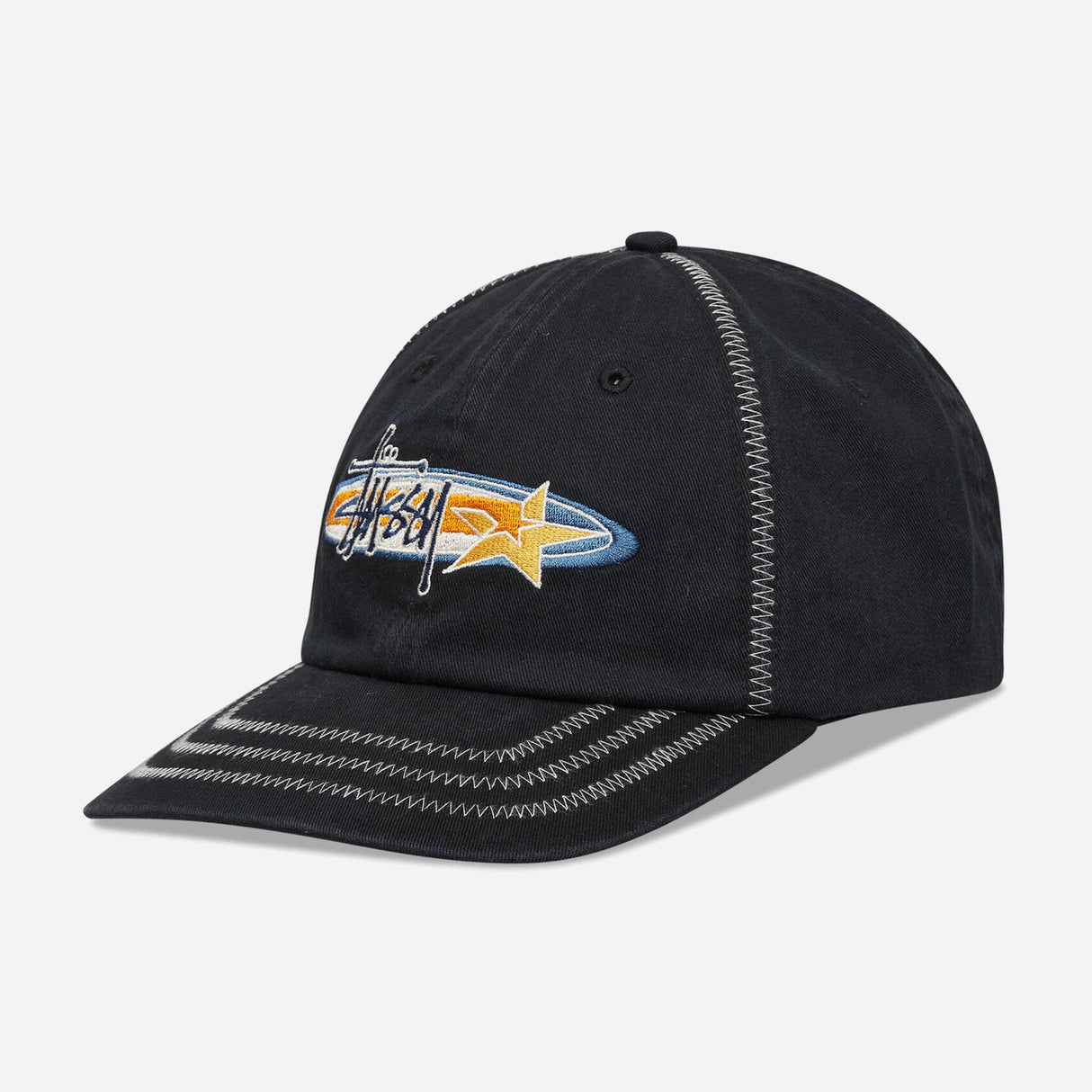 Black Stussy Oval Star cap, stylish headwear with embroidered star detail, featuring a classic adjustable strap.