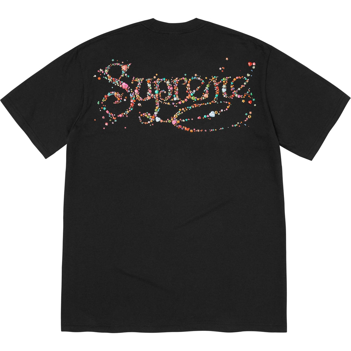 Black Supreme Gems Logo T-shirt featuring a graphic design, casual fit, and Supreme branding on the front.