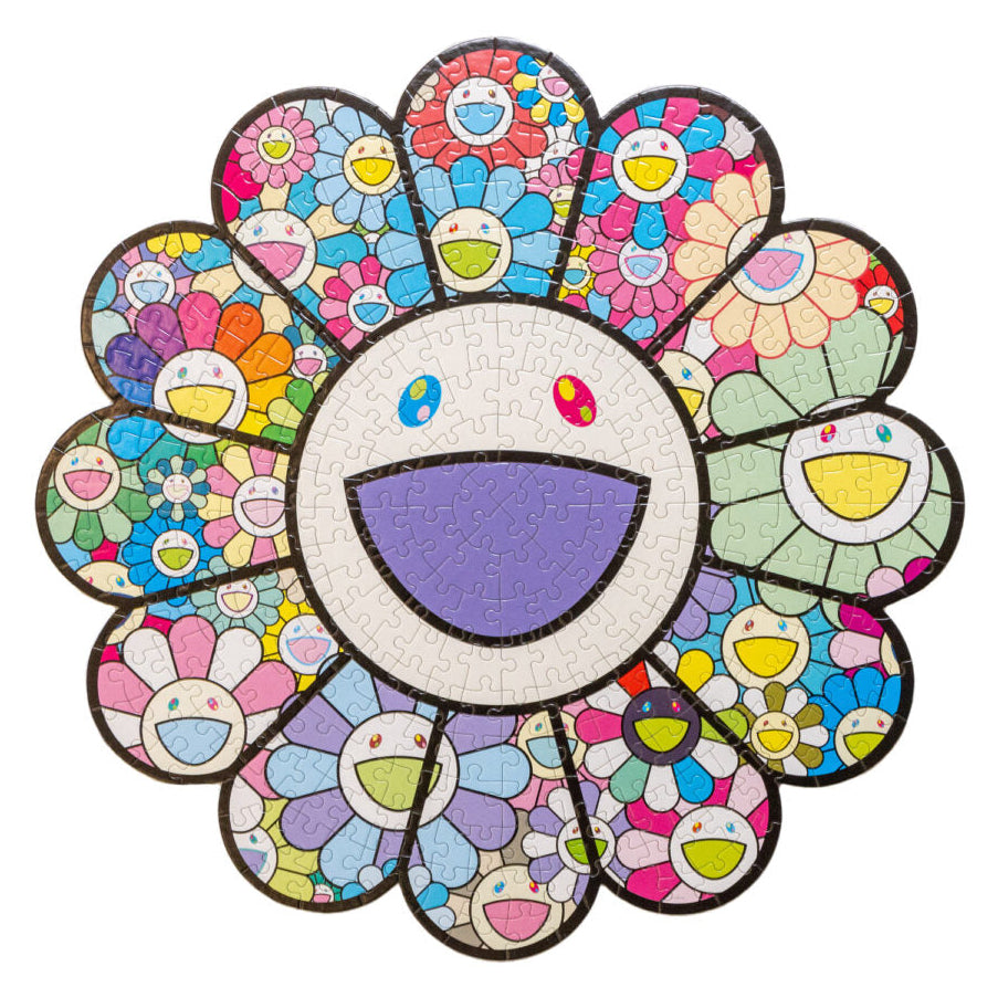 Takashi Murakami Flower Yonaguni 50cm jigsaw puzzle featuring vibrant, colorful artwork with floral design and brand logo.