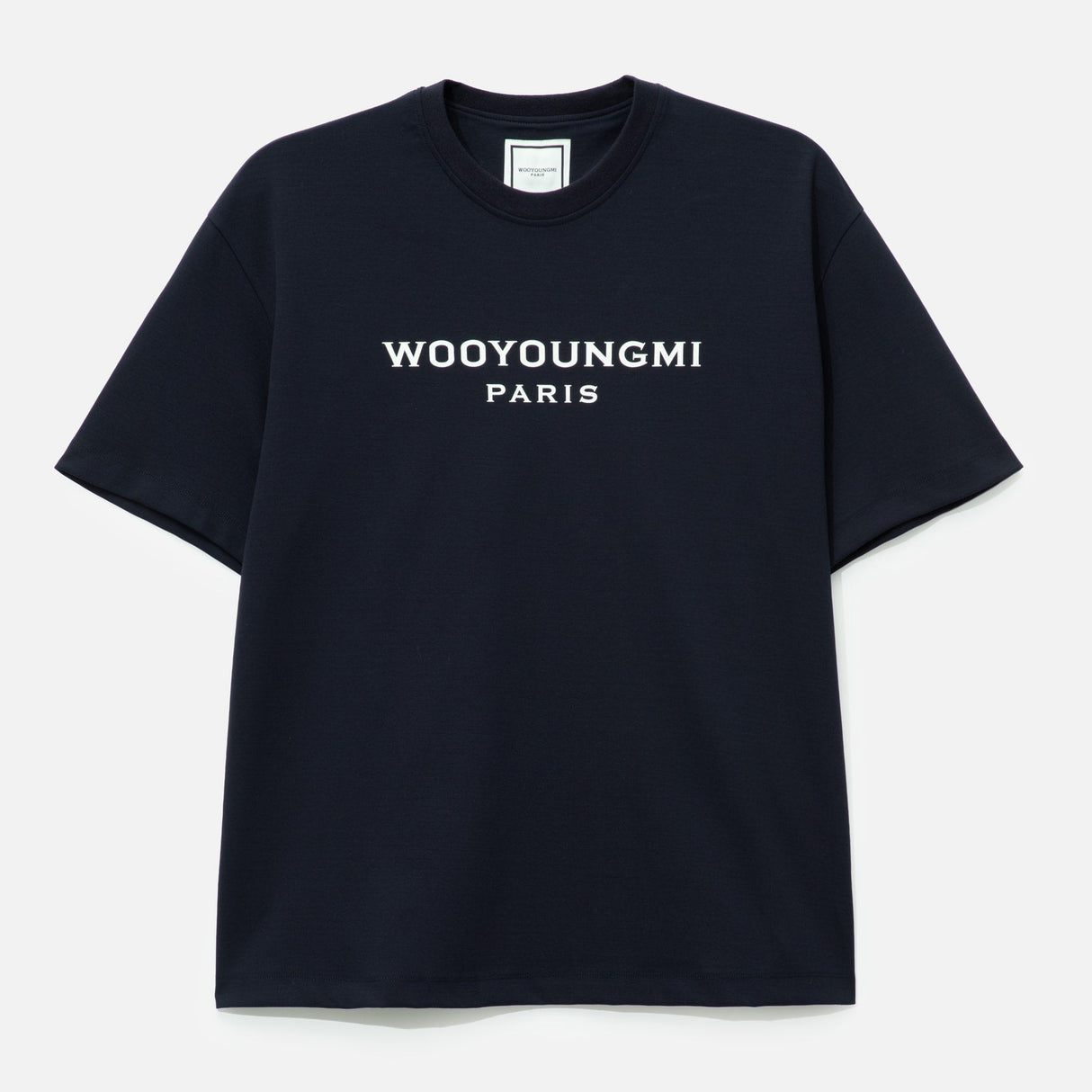 Dark navy Wooyoungmi front logo tee, casual apparel with a simple design and branded logo, displayed on a mannequin.