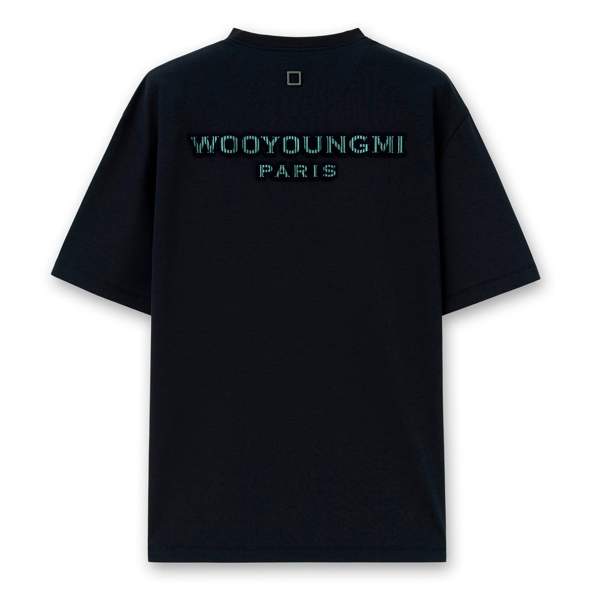 Dark navy Wooyoungmi tuft embroidered back logo tee, casual apparel with embroidered design and comfortable fit.