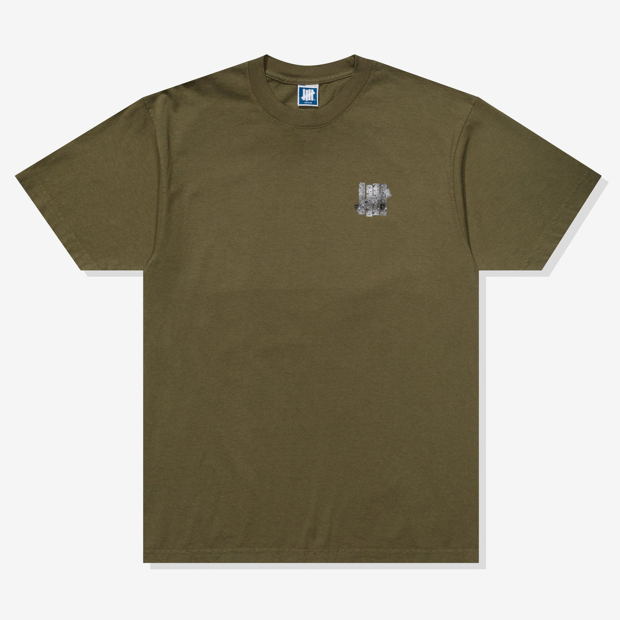 Olive green Undefeated Foil Photo Logo Tee featuring a graphic print on the front, casual short-sleeve T-shirt for streetwear style.