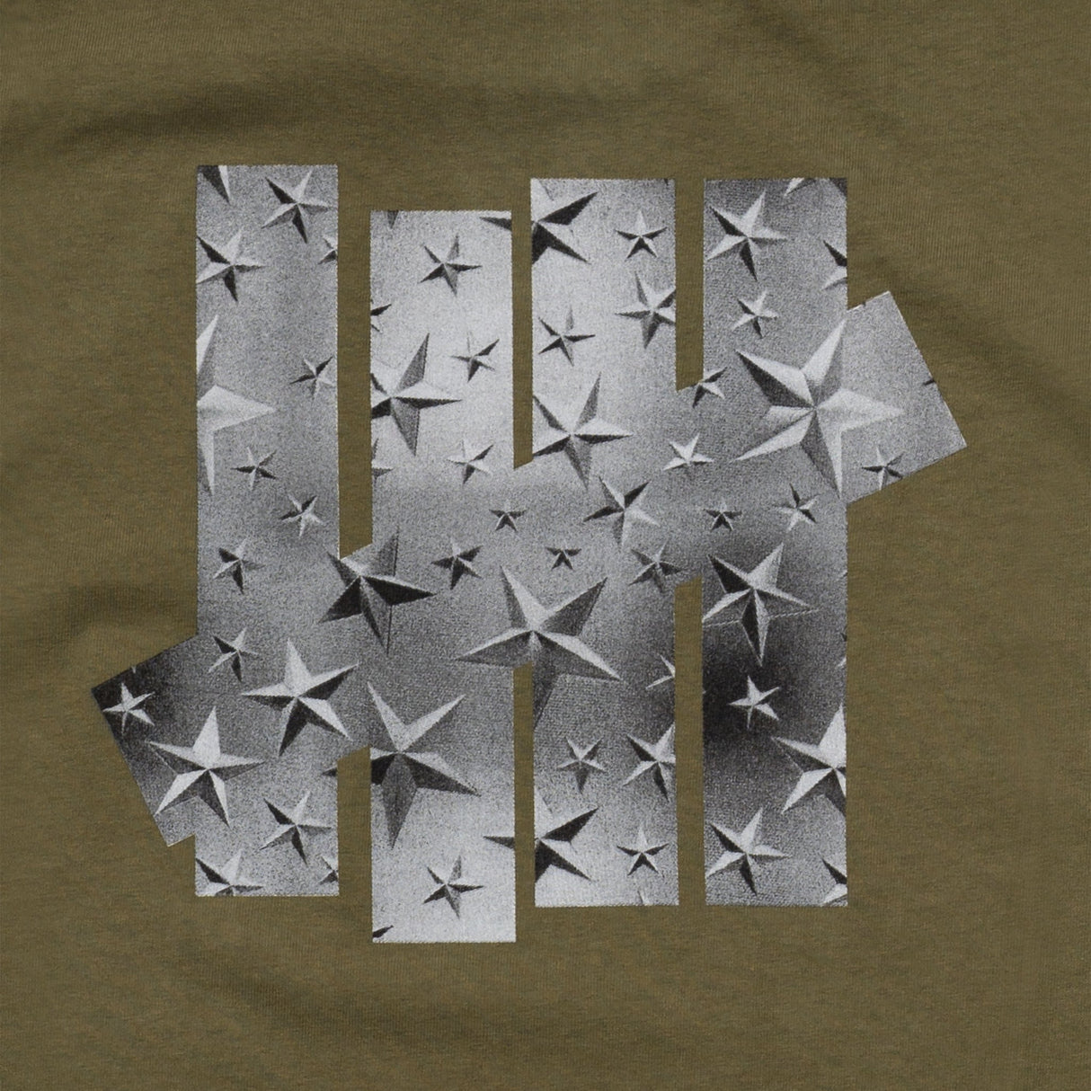Olive green Undefeated Foil Photo Logo T-shirt featuring a graphic logo design on the front, casual and stylish apparel.
