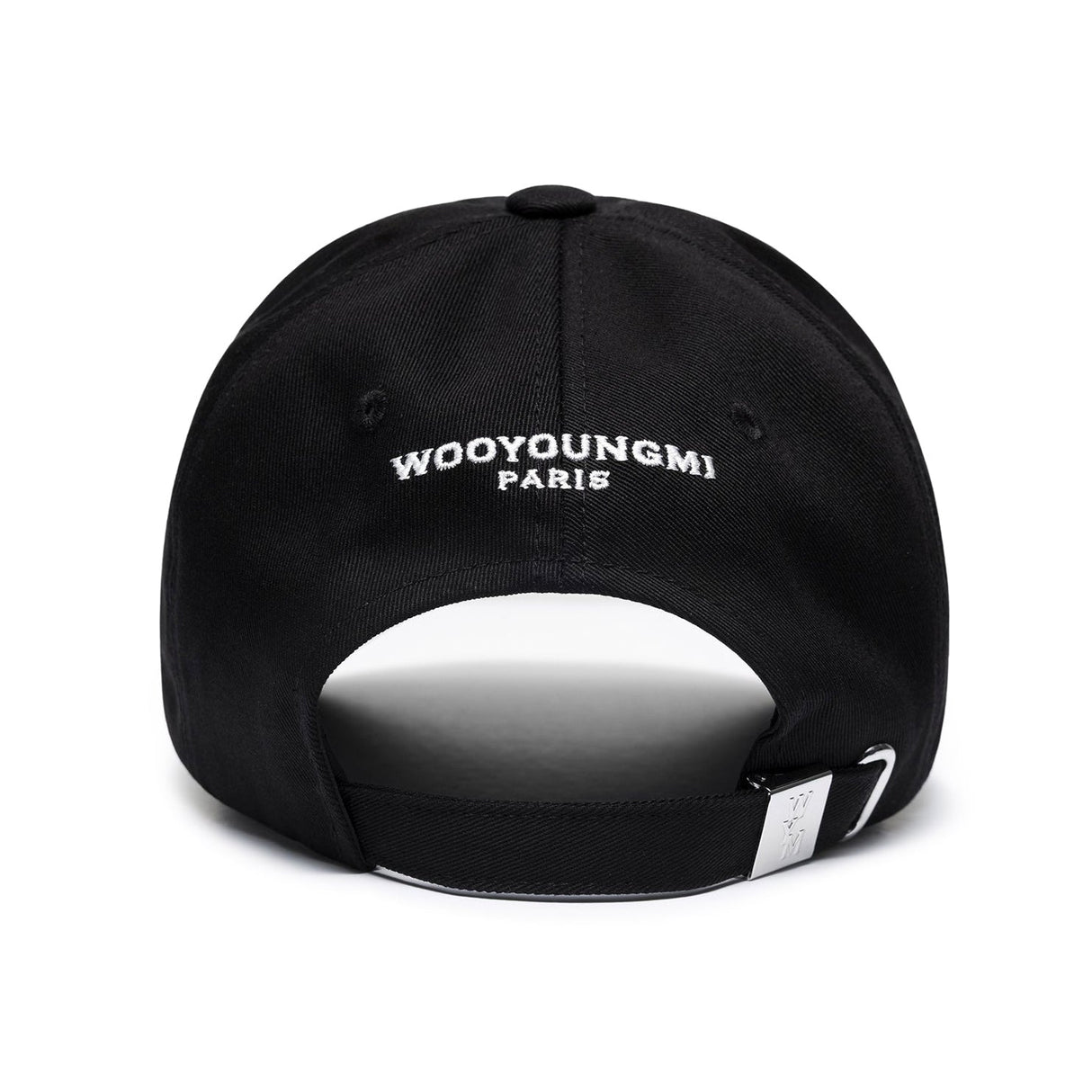 Black Wooyoungmi WYM logo cap, stylish headwear with embroidered branding, adjustable strap, and classic design.