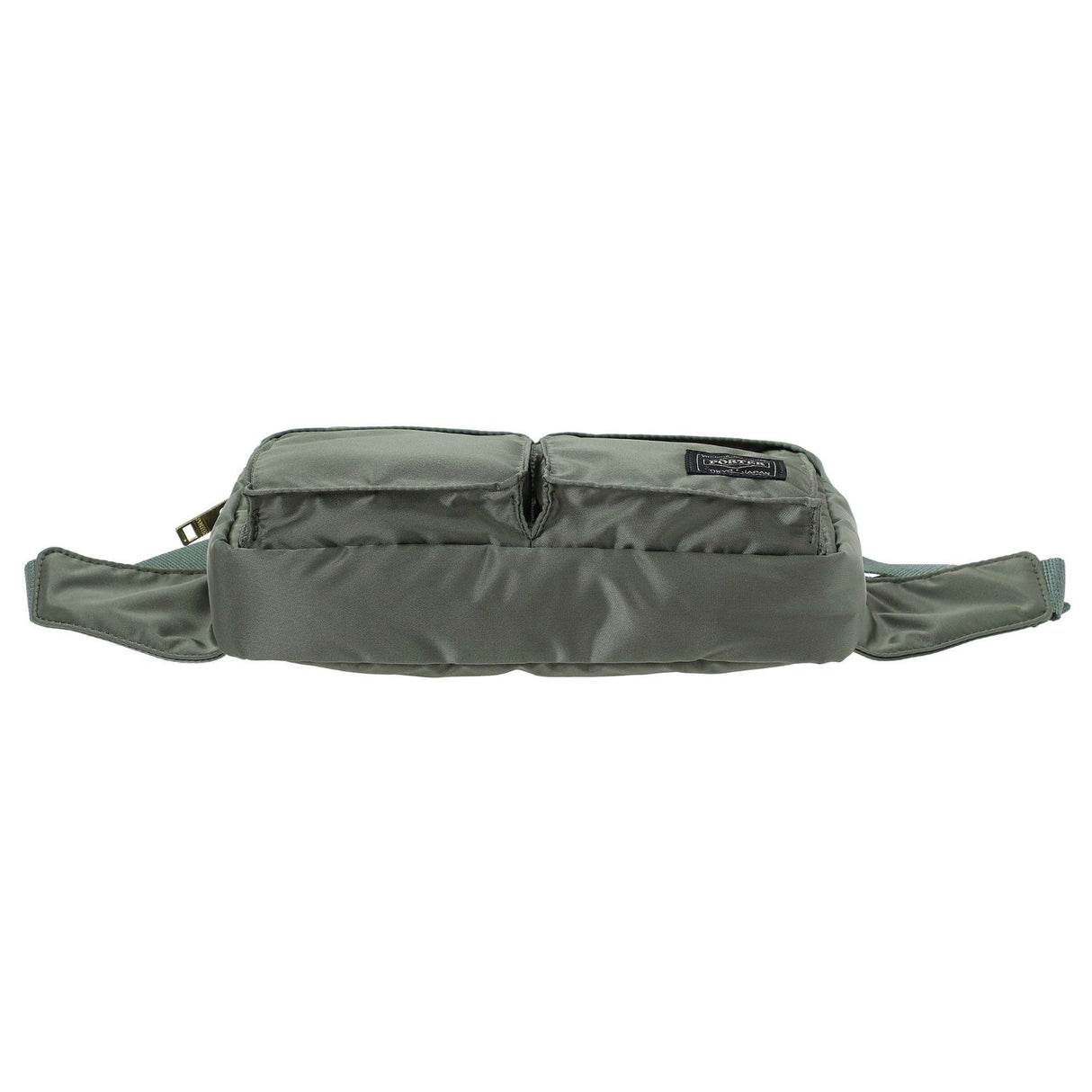 Porter Yoshida Japan Tanker Waist Bag in sage green, durable fabric with adjustable strap, compact and functional for everyday use.