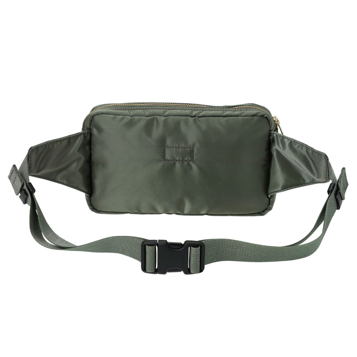 Porter Yoshida Japan Tanker Waist Bag in sage green with adjustable strap and multiple pockets, designed for practical carrying.