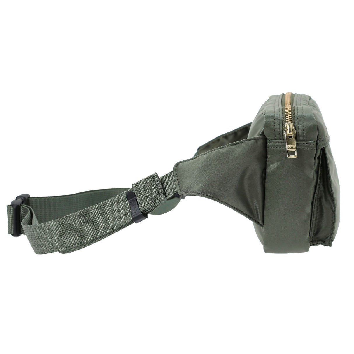Porter Yoshida Japan Tanker waist bag in sage green with multiple zip compartments and adjustable strap, casual style for everyday use.