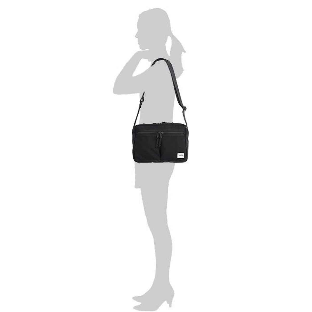 Porter Yoshida Japan Switch large shoulder bag with black fabric and leather accents, featuring sturdy straps and multiple compartments.