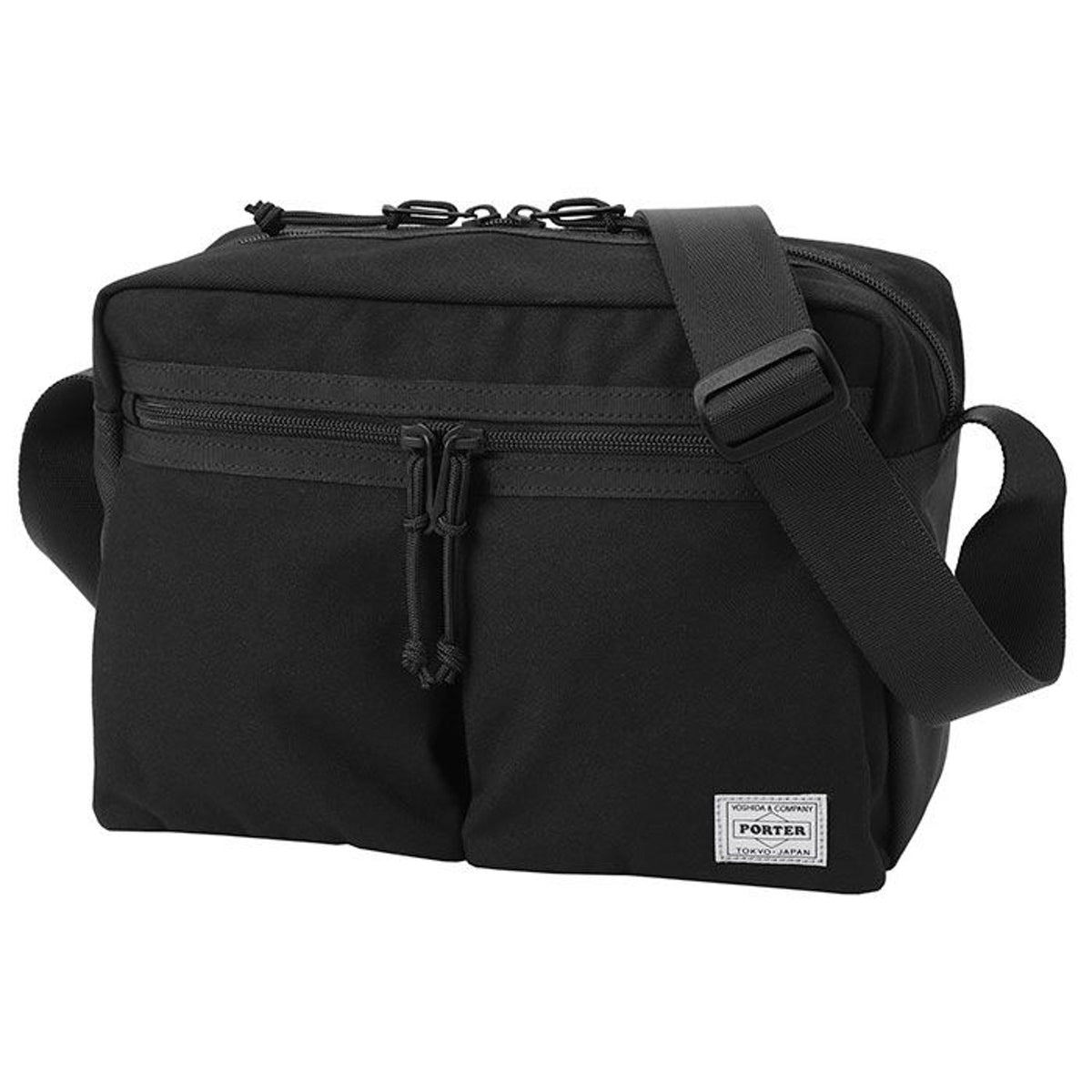 Porter Yoshida Japan Switch large shoulder bag with adjustable strap and durable fabric, black color, front logo detail.