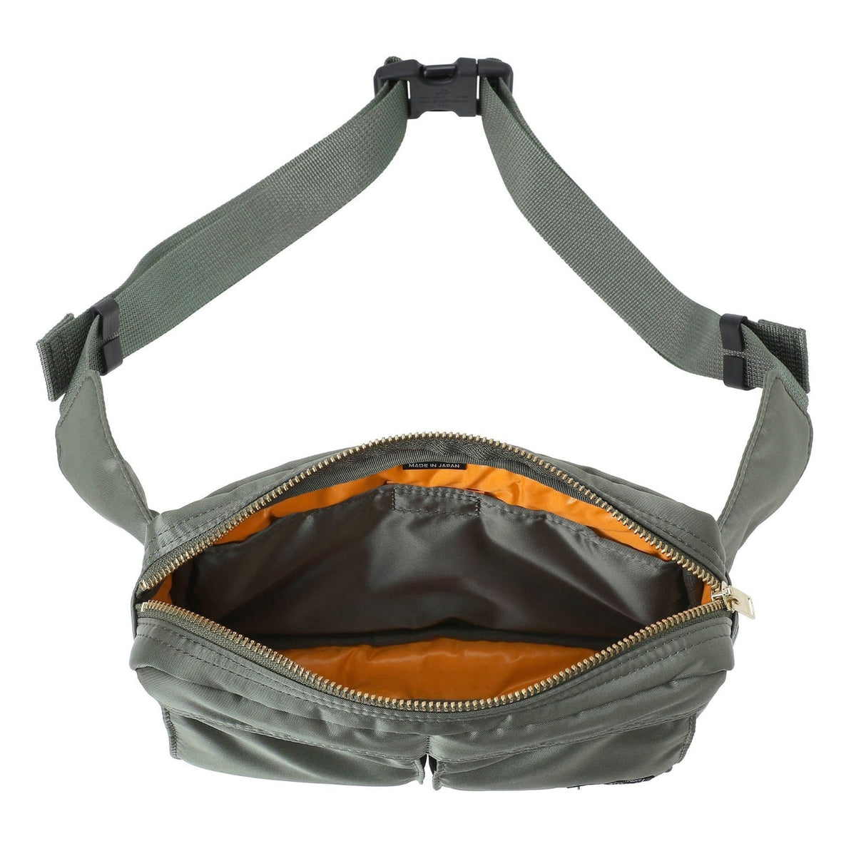 Porter Yoshida Japan Tanker waist bag in sage green, with adjustable strap and multiple pockets, stylish and functional bag for daily use.