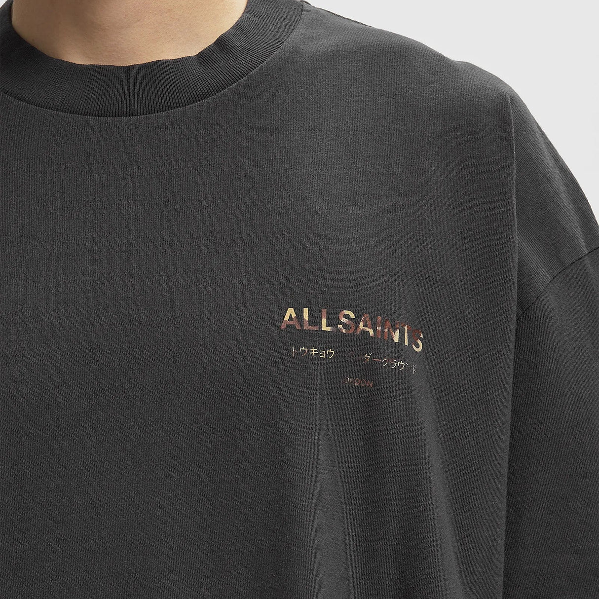 AllSaints Underground Logo Tee in Ashen Dakota Black, showcasing the black T-shirt with the AllSaints logo front and center.