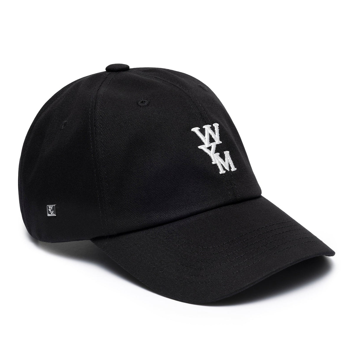 Black Wooyoungmi WYM logo cap, stylish headwear with adjustable strap and embroidered brand logo on the front.