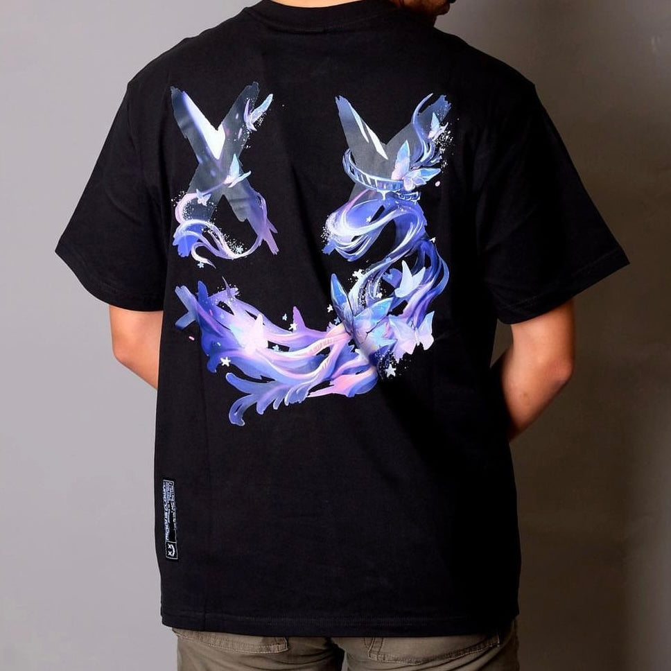 Black Rickyisclown Mystical Butterfly Tee featuring vibrant butterfly graphic on front, casual apparel from RICKYISCLOWN.