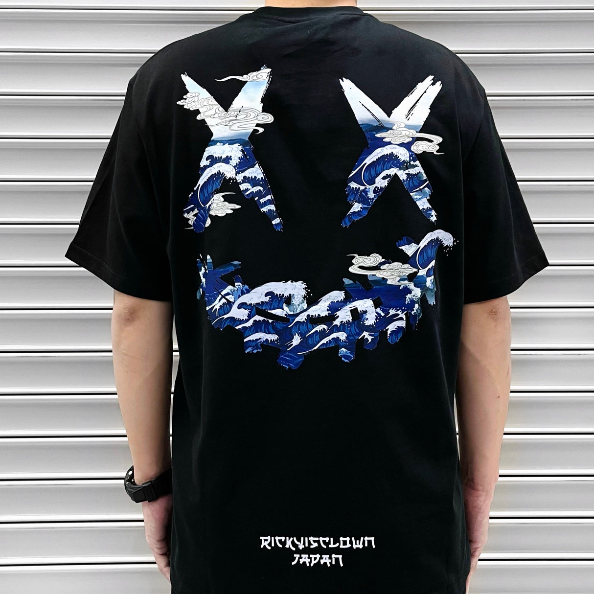 Black Rickyisclown Kanagawa Wave Tee featuring a bold wave design on the front, casual fit, and RICKYISCLOWN branding.