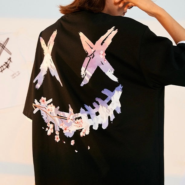 Black Rickyisclown Mount Fuji Sakura T-shirt featuring a mountain and cherry blossom design, casual apparel by RICKYISCLOWN.