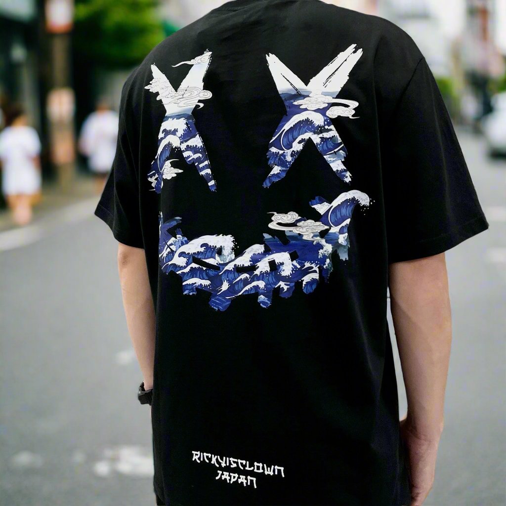 Black T-shirt by Rickyisclown featuring a Kanagawa Wave graphic design, casual apparel for fans of Japanese-inspired art.