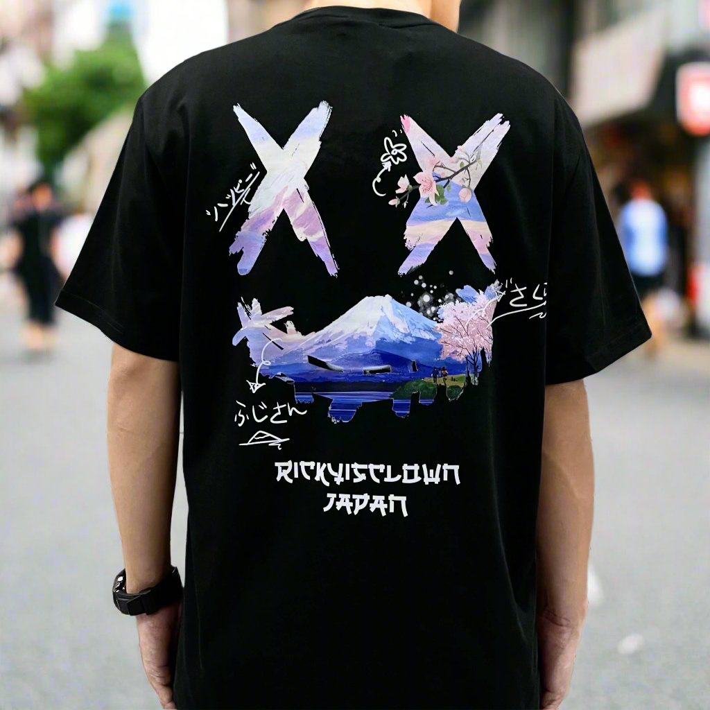 Black Rickyisclown Japan Mount Fuji and sakura graphic tee, featuring traditional mountain and cherry blossom design.