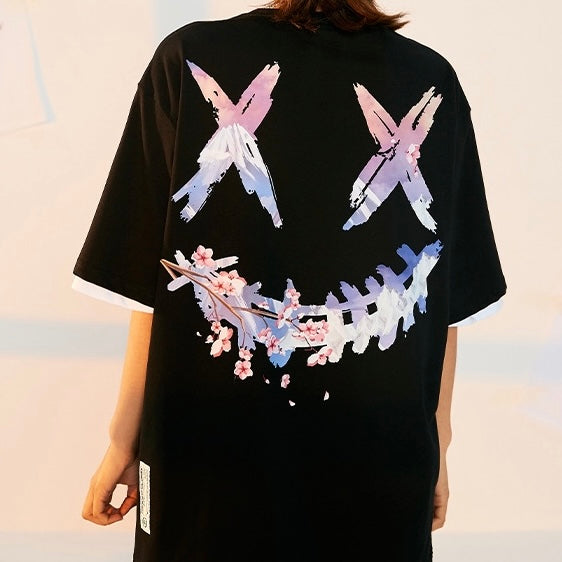 Black Rickyisclown Mount Fuji Sakura T-shirt with graphic print, featuring Mount Fuji and cherry blossom design, by RICKYISCLOWN.